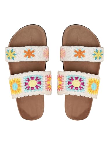 OYOANGLE Women's Floral Crochet Sandals Open Toe Double Strap Flat Sandals Slip On Outdoor Casual Slides White and Yellow 8
