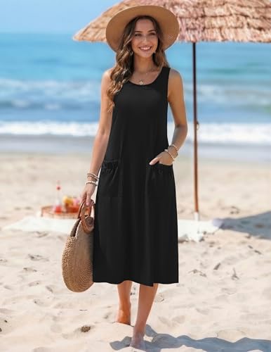 Image of Zeagoo Womens Summer Midi Dresses 2026 Casual Sleeveless Tank Sundresses A Line Crewneck Beach Vacation Dress with Pockets