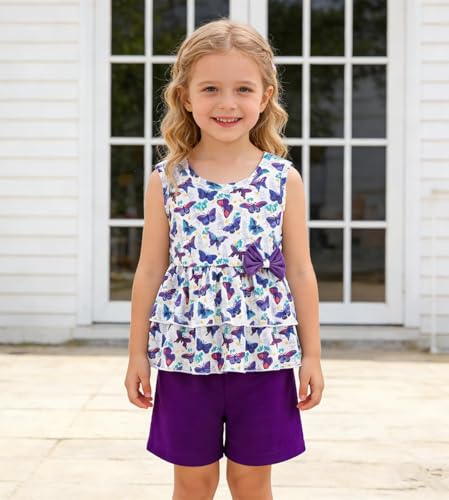Image of Girls 2 Piece Outfit Summer Short Set Sleeveless Bow Knot Tank Top and Shorts Cute Clothes for Toddler Girls