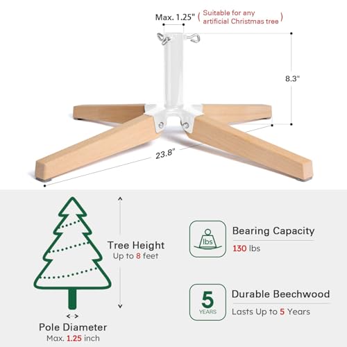 HarcoHome Foldable Christmas Tree Stand for 8ft Artificial Trees, Heavy-duty Metal and Beech Wood Base with Deep Threads, Stable Fit for up to 1.25 in Pole Diameter, Xmas Tree Decoration (White)