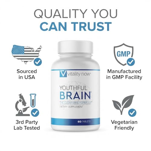 Vitality Now Youthful Brain | Memory & Brain Health Support Supplement with Bacopa Monnieri, Ginkgo Biloba, B12 - Easy to Swallow Tablets - 30-Day Supply (60 Count)