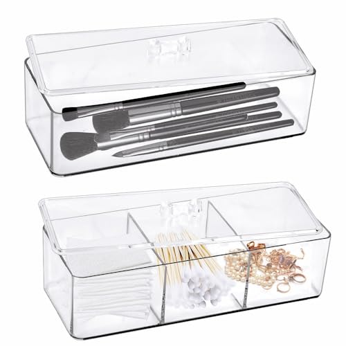 KNGNGK 2 Stück Acryl Kosmetik Organizer Schublade Make Up Aufbewahrungsbox Schmink Organizer Schublade Stapelbar Kosmetik Box mit Deckel Wattestäbchen Behälter Transparent für Bad