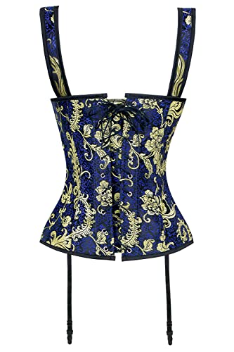 Charmian Women's Renaissance Lace Up Jacquard Floral Printed Vintage Boned Bustier Corset With Garters Blue Xx-Large #TOP2