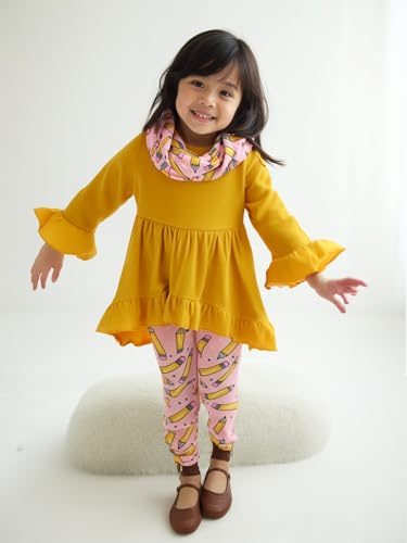 Image of Unique Baby Girls Kids Toddler 3pc Outfit Set Long Sleeve Cotton Blend Tunic Top Leggings and Scarf