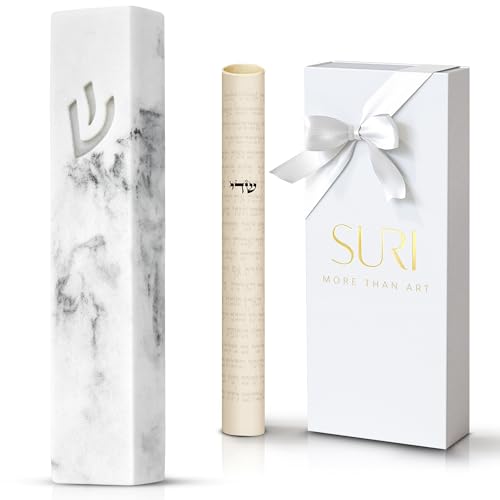 SURI Concrete Mezuzah for Door - Self-Stick Modern Case with Non-Kosher Scroll & Gift Box | Marble White, 4 & 5 Inch | Judaica Gift