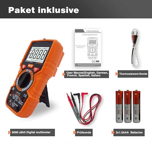 Digital Multimeter mit 6000 Zählungen,True RMS Voltmeter Ohmmeter Amperemeter,Misst Spannung Strom Widerstand Diode Durchgang Temperatur Frequenz NCV Mit LCD-Anzeige und Taschenlampe