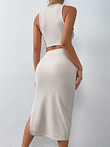 Shein Women's 2 Piece Outfit Sleeveless Round Neck Tank Crop Top Split Bodycon Midi Skirt Sets Beige Small #TOP1