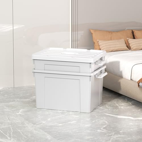 Cetomo 45L*4 Aufbewahrungsboxen, Tragbare Plastikboxen mit Deckeln, Organizer-Behälter mit Griff und Clips, Stapelbar, Ineinander Nestbar, für Zuhause und Büro, Grau, 45L-4er Pack