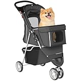 PawHut Carrito para Perros Plegable, Cochecito para Perros Pequeños con Cesta de Almacenaje, Ventanas de Malla, Portavasos y Ruedas, Carga 10 kg, 77x44x102 cm, Gris Oscuro