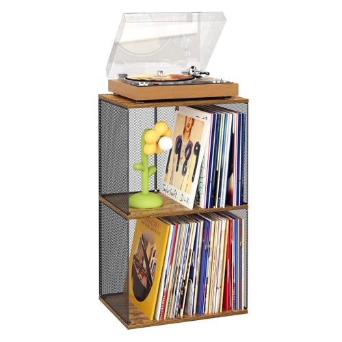 Honkazita 2 Tiers Vinyl Record Storage DIY Stackable 100-140 Record Cabinet - Natural Wooden Cube...