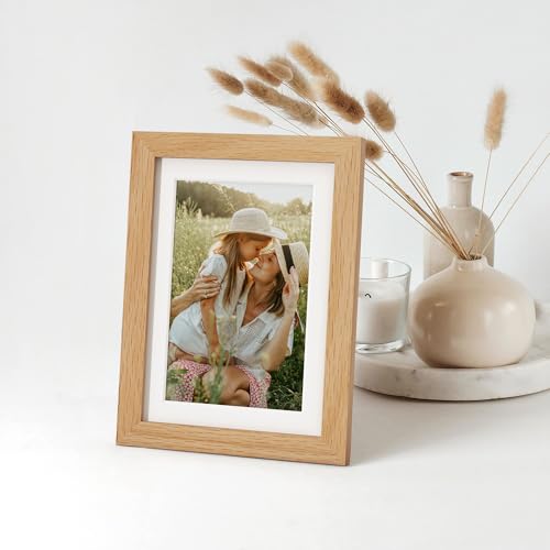 Image of FLYJOE 5x7 Oak Wood Picture Frame with Mat for 4x6, 5 by 7 USA-Sourced Natural Solid Wooden Photo Frame for Wall & Tabletop Display, Shatterproof Plexiglass, 4 Pack, Natural