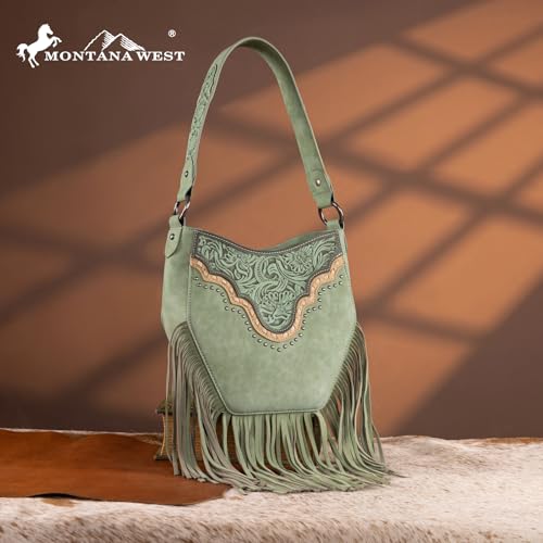 Image of Montana West Fringe Shoulder Bag for Women Western Tooled Hobo Tote Bag Purses