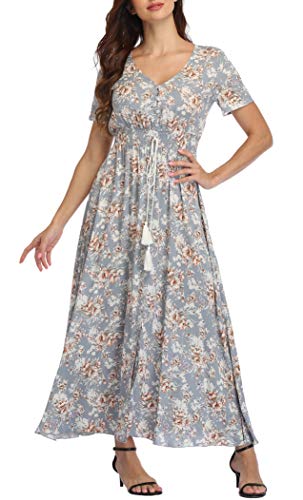 Image of VintageClothing Women's Floral Maxi Dresses Boho Button Up Split Summer Casual Long Dress Beach Party Dress