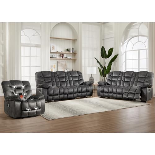Image of HAOMARKETS 3 Pieces Recliner Sofa Furniture Set, Include a Power Recliner Chair with Message&Heat and 2 3-Seater Reclining Couches for Living Room, Grey