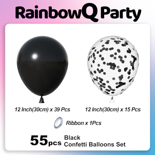 Image of Black Latex Balloons: 55Pcs 12 inch Black Confetti Party Balloons Helium Latex Balloon Ribbons for Birthday Anniversary Graduation Wedding Decoration