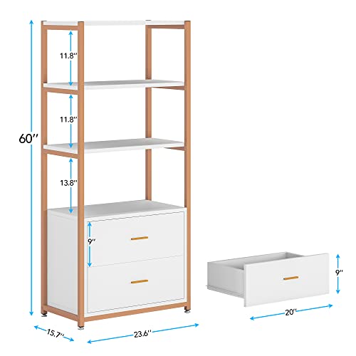Tribesigns Bookcase, 4-Tier Bookshelf With 2 Drawers, Etagere Standard Book Shelves Display Shelf For Home Office (Gold/White) #TOP1