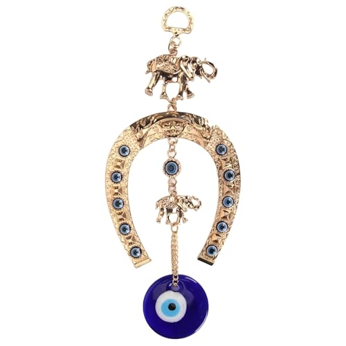 Blue Evil Eye Wall Hanging Decor with Elephant & Horseshoe, Gold Amulet for Home Office Car, Good Luck & Protection Charm