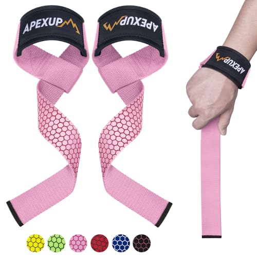 APEXUP Weight Lifting Straps for Weightlifting, Lifting Wrist Straps Gym, Deadlift Strap, Anti Slip Silicone Weightlifting Strap Men Women Powerlifting, Strength Training 1 Pair Pink