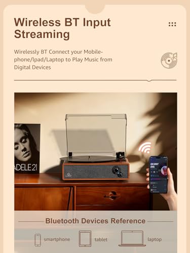 Image of Vinyl Record Player Vintage Turntable for Vinyl Records LP Phonograph Auto Stop Tone Adjustment Belt Drive 3 Speed 3 Size Support Wireless Input RCA Output Retro Walnut Red Brown