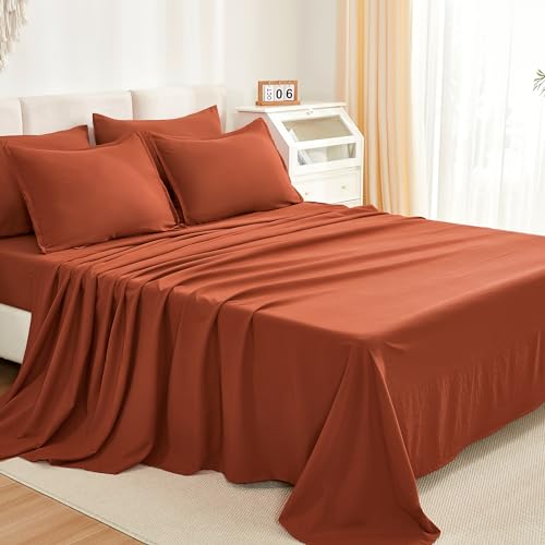 Litanika Burnt Orange Comforter California King Size Set - 7 Pieces Terracotta Bed in a Bag California King Bedding Comforter Sets, Plain Lightweight Bed Set