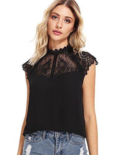 Romwe Women s Elegant Lace Neck Short Sleeve Casual Chiffon Blouse Top Black Small