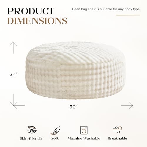 Hobestluk Bean Bag Chairs Beanbag Chair with Filler Adult Bean Bags with Fluffy & Machine Washable Cover, Giant Bean Bag Chairs for Aduts (White, 5FT-50