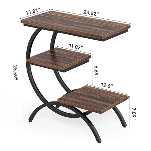 LITTLE TREE End Table, Narrow End Table with 3 Storage Shelves, Industrial C-Shaped Small Sofa Side Table for Living Room, Wood Slim Snack Table with Black Metal Frame, Rustic Brown by LITTLE TREE - Image 4