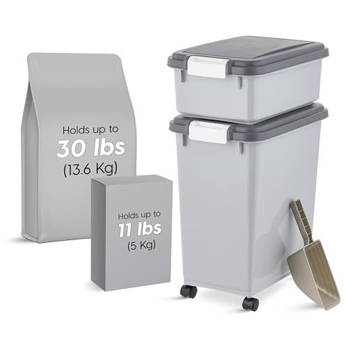 IRIS USA Dog Food Storage Container, 30 lbs & 11 lbs Combo, Cat Food Storage Container, Dog Treat Container, Airtight, Stackable, 2-Cup Scoop, Wheels, Easy Mobility, Gray - Image 3