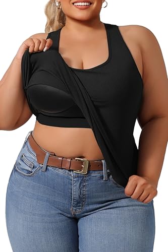 DAGGLOSA Plus Size Tank Tops for Women with Built in Bras,Sleeveless Camisole Casual Racerback Sports Curved Hem Shirts (US, Alpha, 3X, Plus, Regular, 1, Black)