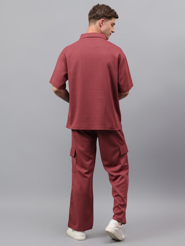 Image of YHA Solid Oversize Polo Neck Stylish Summer Tracksuit Half Sleeves Cord Set With Full Pant For Gents Lightweight Breathable Polycotton Fabric Co-ord Set For Men