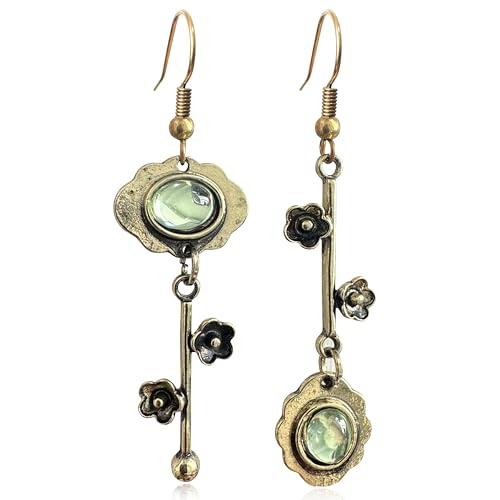 Handmade Bohemian Vintage Silver Asymmetry Plum Blossom Dangle Drop Earrings Dainty Cherry Green Crystal Flower Stud Earring for Women Statement Jewelry Gifts Mother's Day (Vintage Gold Green)