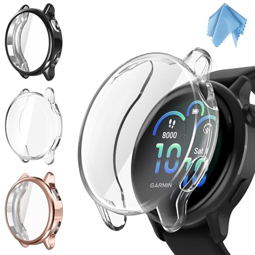 Fintie 3 Packs Screen Protector Case Compatible with Garmin Vivoactive 6 Soft TPU Plated Bumper Full Cover Protective Cases Scratch-Proof Black/Clear/Rose Gold