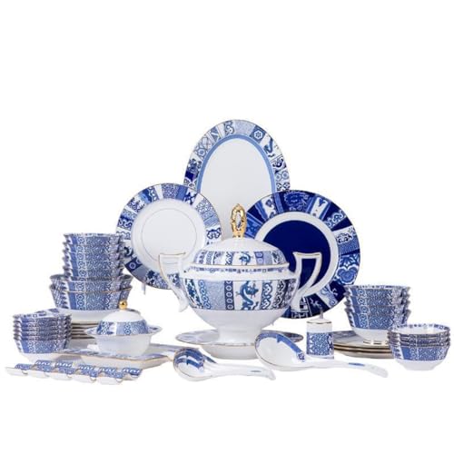 DYHWAC Juego de vajilla, Cuenco y Plato de Porcelana de Hueso, combinación de Cuenco, Plato y utensilio de Porcelana Azul y Blanca