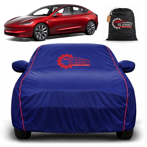 Image of Car Cover for Tesla Model 3 | 100% Waterproof Heavy-Duty 3-Layer Car Body Cover | All-Weather Rain, UV, Sun & Dust Protection | Custom Fit | Mirror & Antenna Pockets | Navy Blue