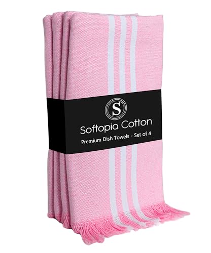 Image of Prewashed Stripe Tea Towels 4 Pack, 16x26 Inches, Dish Cloths for Cooking and Cleaning, Quick Dry Kitchen Rags, Reusable Hand Towels for Drying Dishes and Surfaces - Rose Pink