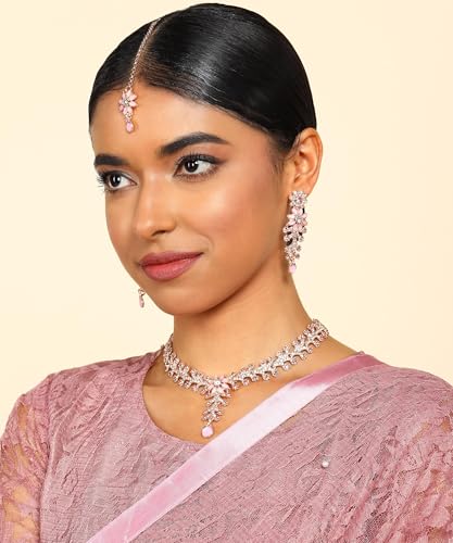 Image of Atasi International Diamond Necklace Jewellery Set for Women with Earrings and Maang Tikka for Wedding, Party, Engagements & Festivals