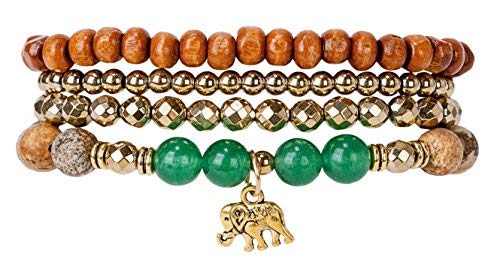 SPUNKYsoul Discontinued Good Luck Elephant Stretch Bracelet Stack for Women Collection (Jasper, Green Aventurine & Hematite)