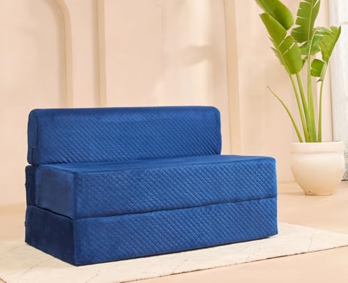 Image of uberlyfe Xtra High, Xtra Soft 2 Seater (4' x 6') Sofa Cum Bed | 1 Year Warranty | 17 inch Sofa Height | Twin Size Foldable Bed | Plush Laser Quilted Fabric | Deep Blue Color