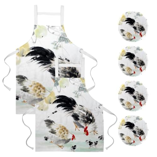 Lot de 2 tabliers de cuisine avec motif coq et canard pour la maison et le restaurant
