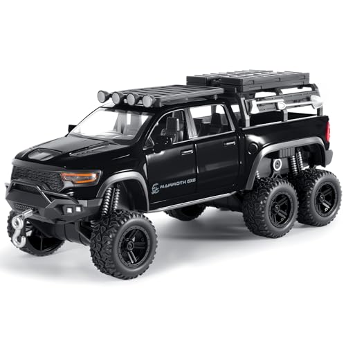 FRJV Toy Trucks for Boys 1/32 Diecast Trucks Mammoth Model Truck Collectible Pickup Truck Model Kit Pull Back Cars with Lights and Sounds Toy Trucks for Boys Age 4-7Black