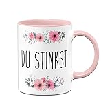 Tassenbrennerei Tasse mit Spruch Du Stinkst - Kaffeetasse lustig Bürotasse - Spülmaschinenfest (Rosa)