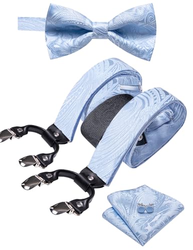 Image of YOHOWA Men Suspenders 6 Clips Strength Adjustable Y Braces Pre-Tied Bow Tie Set Formal Wedding Party