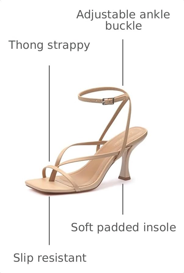 Image of Carcuume Womens Kitten Heels Square Toe Thong Strappy Ankle Strap Stiletto Heel Sandals