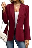 ELLEVEN Blazers for Women Business Casual Work Office Long Sleeve Lightweight Button Pockets Notched Lapel Collar Slim Fit Professional Suit Jacket Coat Outfits Padded Shoulder Wine Red Large