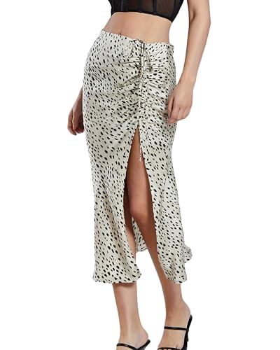 CORIRESHA Women's Summer Leopard Print Side Split Ruched High Waisted Midi Skirt