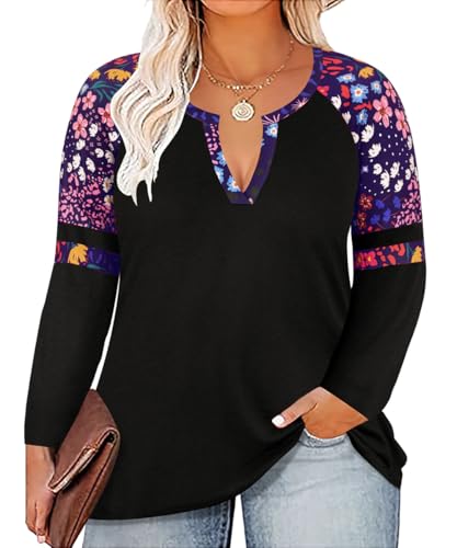 Image of CARCOS Plus Size Tops for Women Long Sleeve Fall Tunic Color Block Camo /Plaid /Leopard /Fall Blouse Crewneck Tshirt XL-5XL