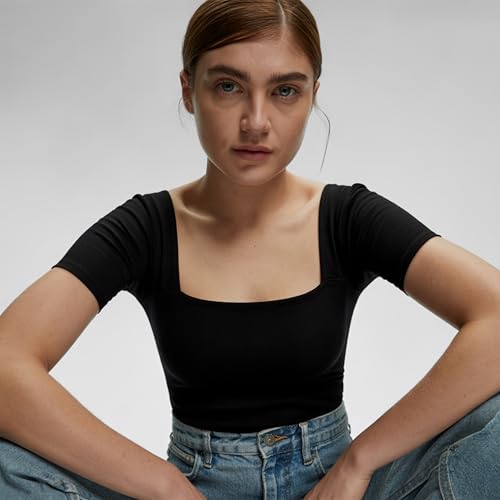 Image of SIGHTBOMB SOFTLINE SQUARE NECK DOUBLE LAYER SHORT SLEEVE MICROFIBER CUDDLE TEE AFFORD LUX EDITION FEATHER TOUCH TOP FOR WOMEN