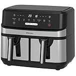 EMtronics EMAFDD9LSL Dual Air Fryer Extra Large Family Size Double XL 9 Litre with 8 Pre-Set Menus for Oil Free & Low Fat Healthy Cooking, Easy Clean Metal Interior, 99-Minute Timer - Stainless Steel