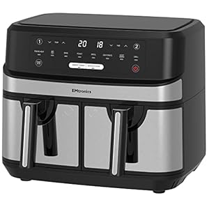 EMtronics EMAFDD9LSL Dual Air Fryer Extra Large Family Size Double XL 9 Litre with 8 Pre-Set Menus for Oil Free & Low Fat Healthy Cooking, Easy Clean Metal Interior, 99-Minute Timer – Stainless Steel