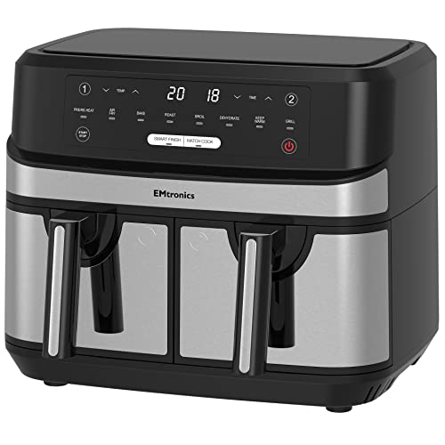 EMtronics EMAFDD9LSL Dual Air Fryer Extra Large Family Size Double XL 9 Litre with 8 Pre-Set Menus for Oil Free & Low Fat Healthy Cooking, Easy Clean Metal Interior, 99-Minute Timer – Stainless Steel
